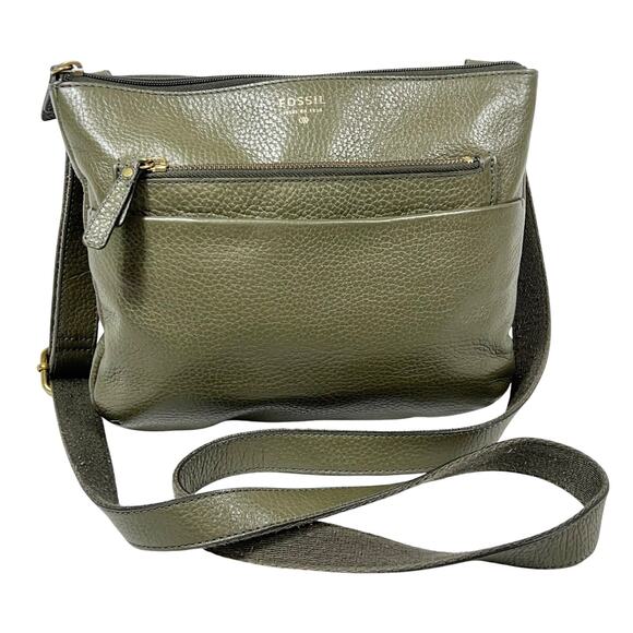Fossil Crossbody Purse Handbag Dark Green Leather Zippers Used - Picture 1 of 10